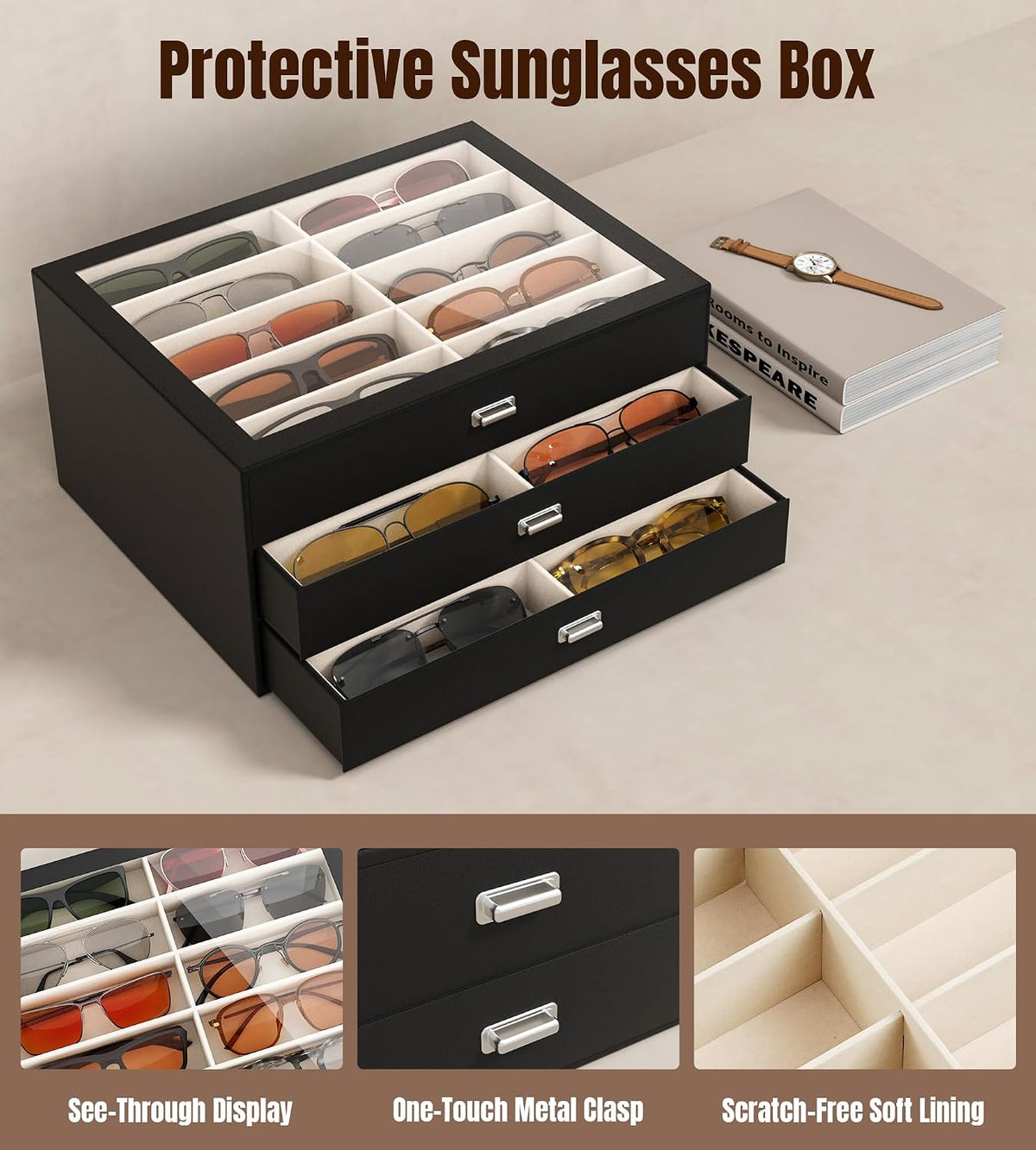 NEWLOOP Sunglass Organizer Display Case - Sunglasses Holder for Men Women Multiple Pair Eye Glasses Storage Organizer 3-Layer Jewelry Watch Eyeglass Collection Box with 30 Slots, Black