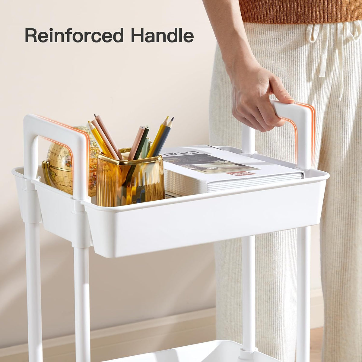 Pipishell 3 Tier Rolling Cart with Handle & Wheels for Storage, White