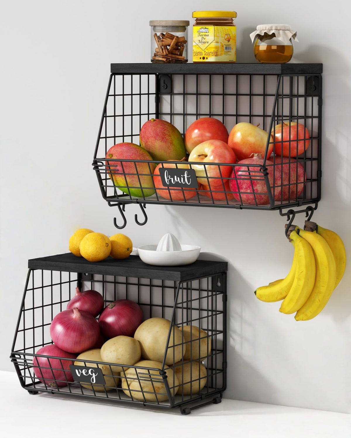 Goozii White Fruit Storage Basket for Kitchen Counter Set of 2, Wall Mount Wire Fruit Basket with Shelf with Banana Hanger, Hanging Countertop Organizer for Bathroom Pantry Cabinet, White + Natural