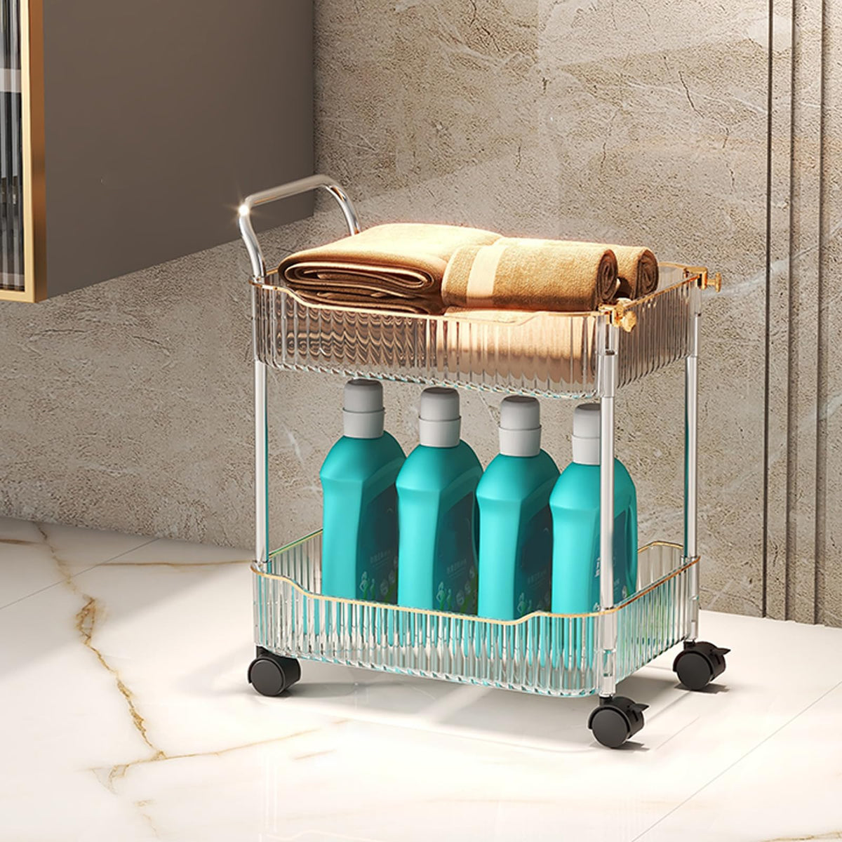 Acrylic Storage Trolley, Bathroom Kitchen Rolling Utility Cart Mobile Organization Shelves with Handle and Lockable Wheel(Gold,2 Tier)