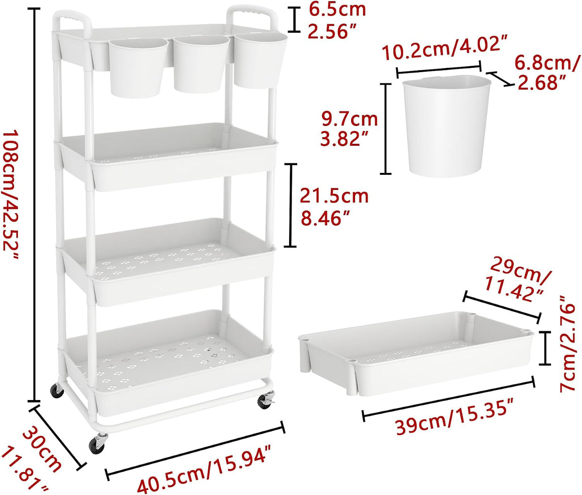JIUYOTREE 4-Tier Plastic Rolling Storage Cart Utility Cart White
