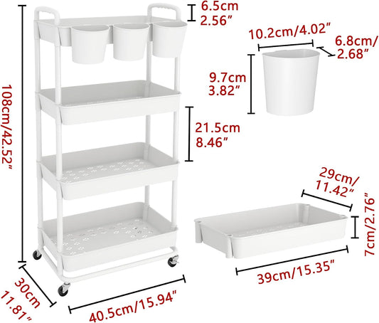JIUYOTREE 4-Tier Plastic Rolling Storage Cart Utility Cart White