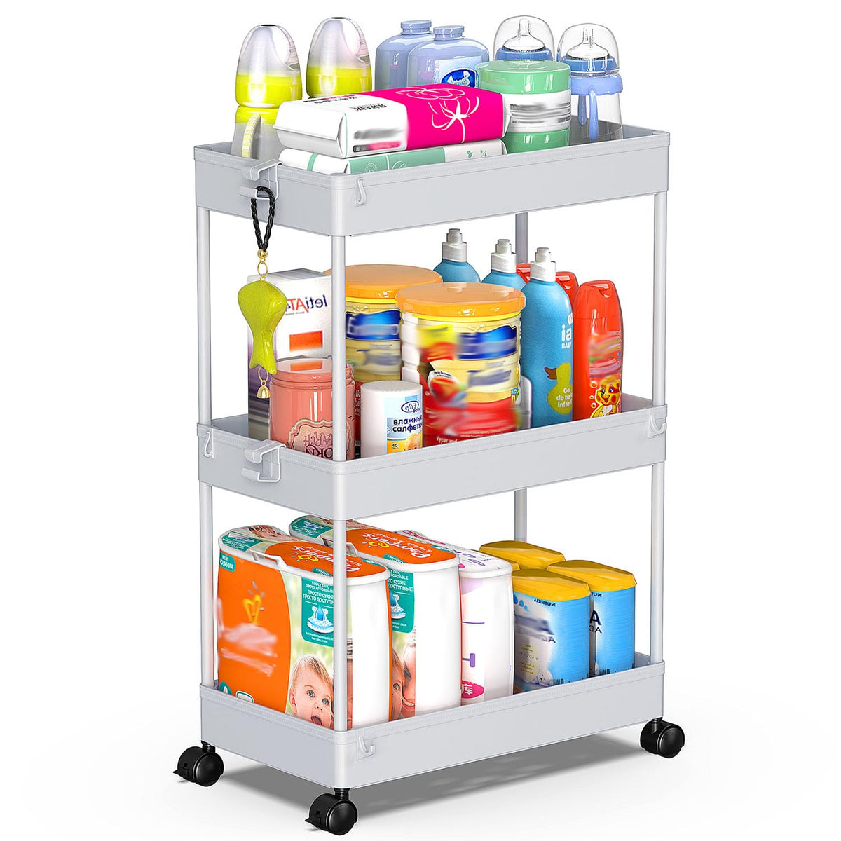 SPACEKEEPER 3 Tier Acrylic Storage Rolling Cart Clear Bathroom Cart Organizer, Transparency Laundry Room Organization Mobile Shelving Unit Multifunction Rolling Utility Cart for Office Living Room
