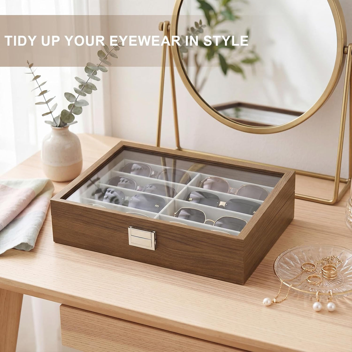 8 Slots Sunglass Organizer, PU Leather Eyewear Display Tray