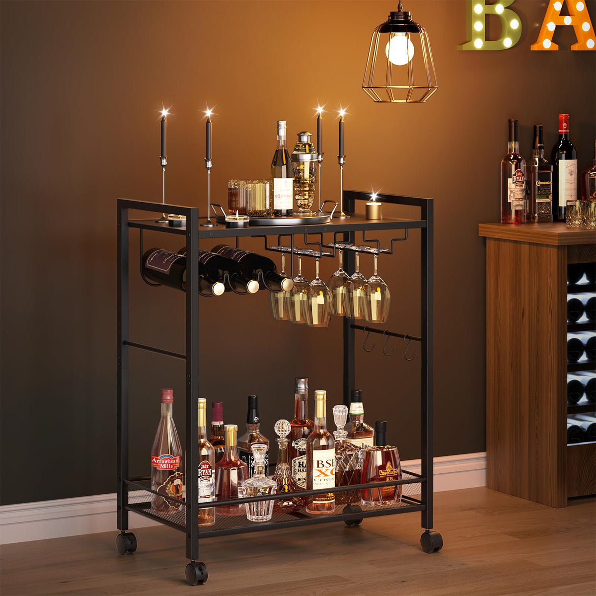 Joaxswe Bar Cart,2-Tier Home Bar Serving Cart with Lockable Wheels,White