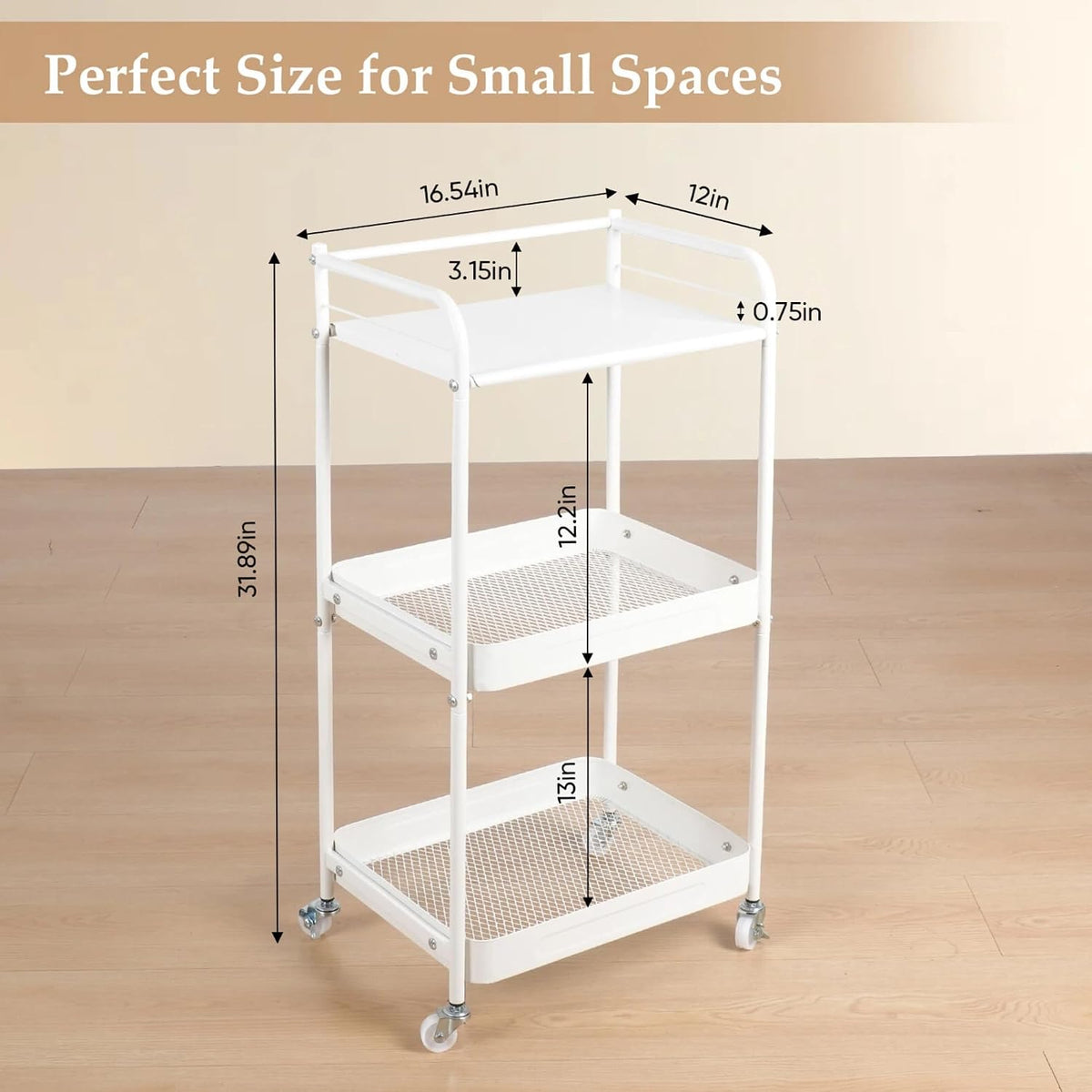 3 Tier Rolling Cart with Table Top, Metal Kitchen Storage Cart