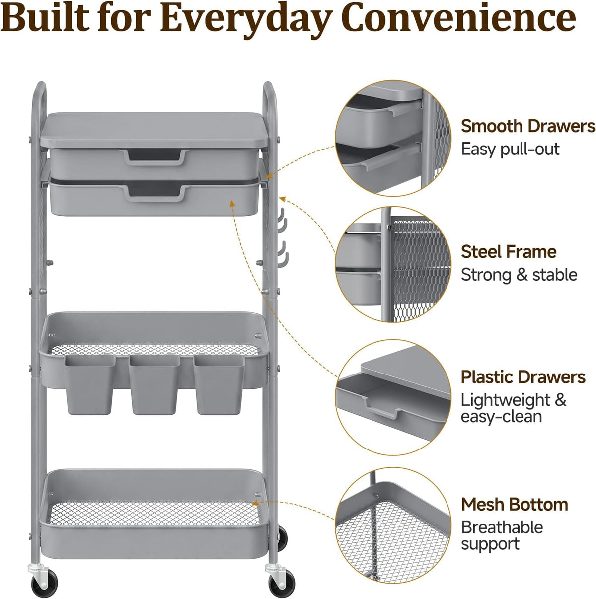 3 Tier Rolling Cart with 2 Drawers, Metal Utility Storage Carts with Wheels