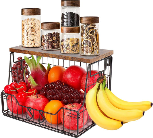Livabber Fruit Basket for Kitchen, Metal Fruit Vegetable Storage Bin with 2 Banana Hangers, Countertop Wire Basket Organizer for Snack Potato Onion, Screw Mounted or Stand (Black, 1 Pack)