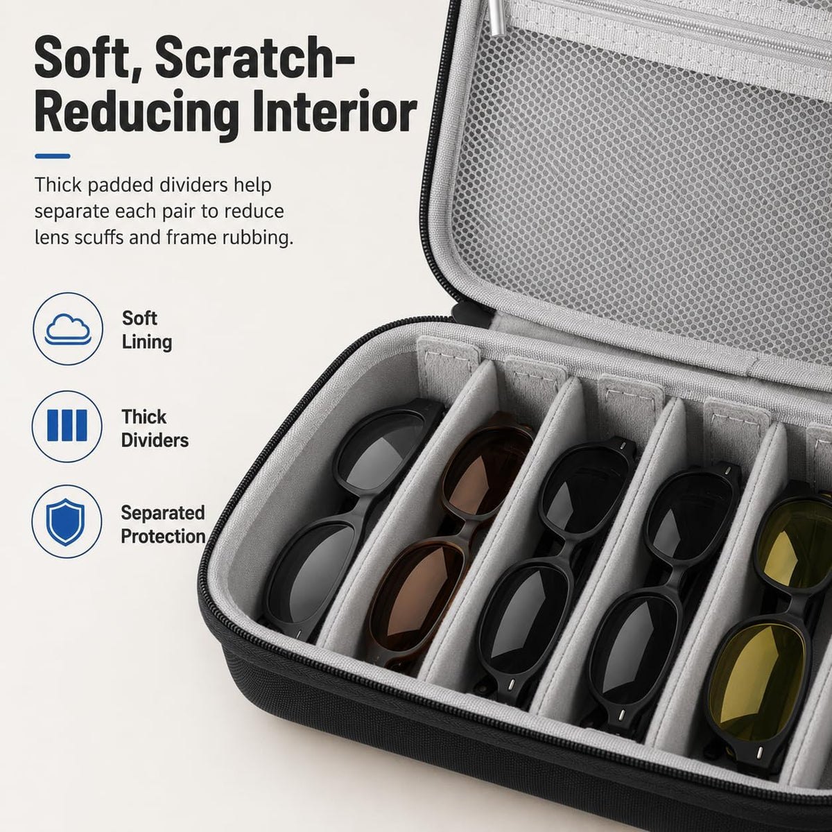 6-Slot Travel Sunglasses Organizer Case, Hard Shell Eyewear Storage Box with Handle, Portable Multiple Glasses Holder for Sunglasses, Reading Glasses, Road Trips, Vacations, Black
