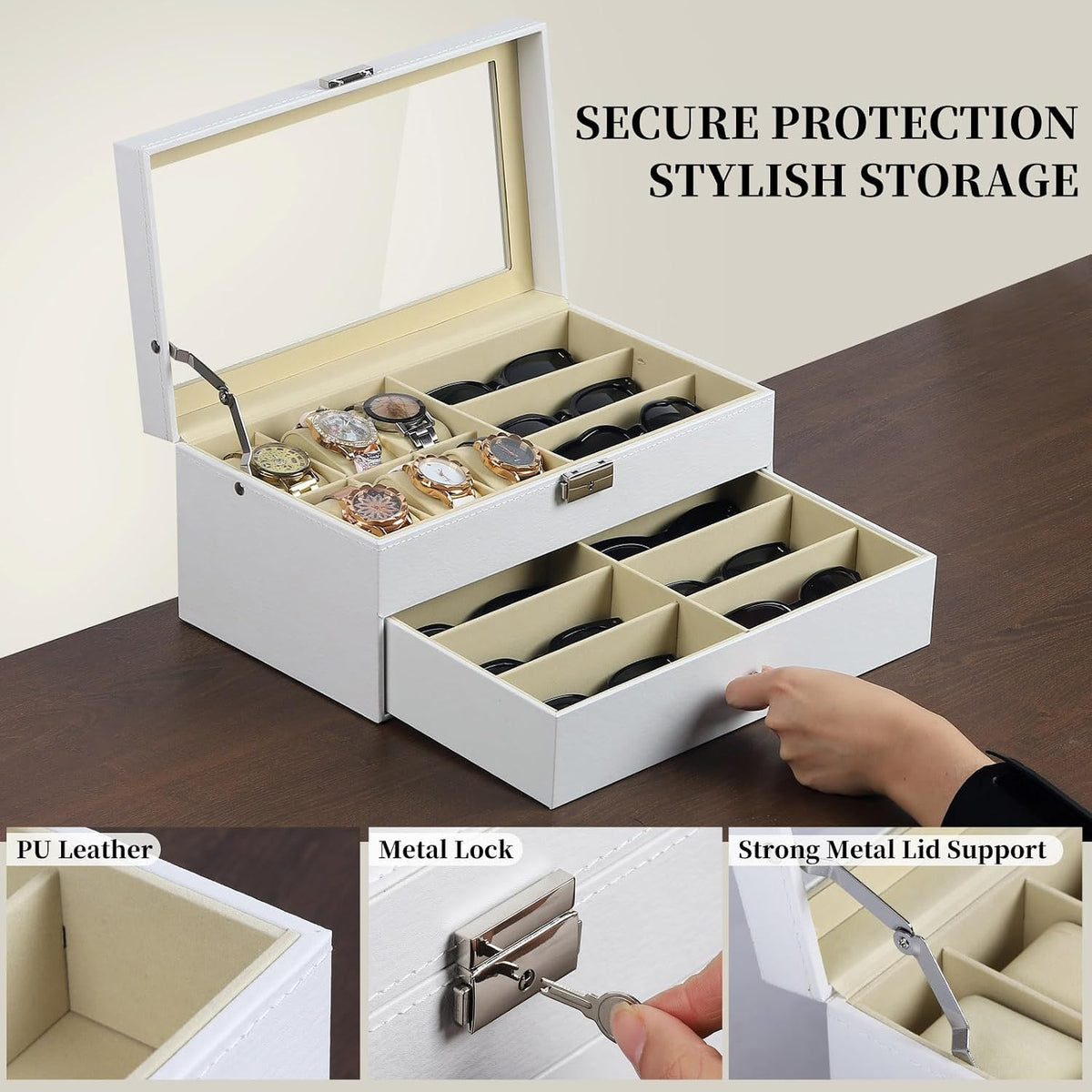 AUTOARK Leather 6 Watch Box & 9 Eyeglasses Storage Case,White,AW-131