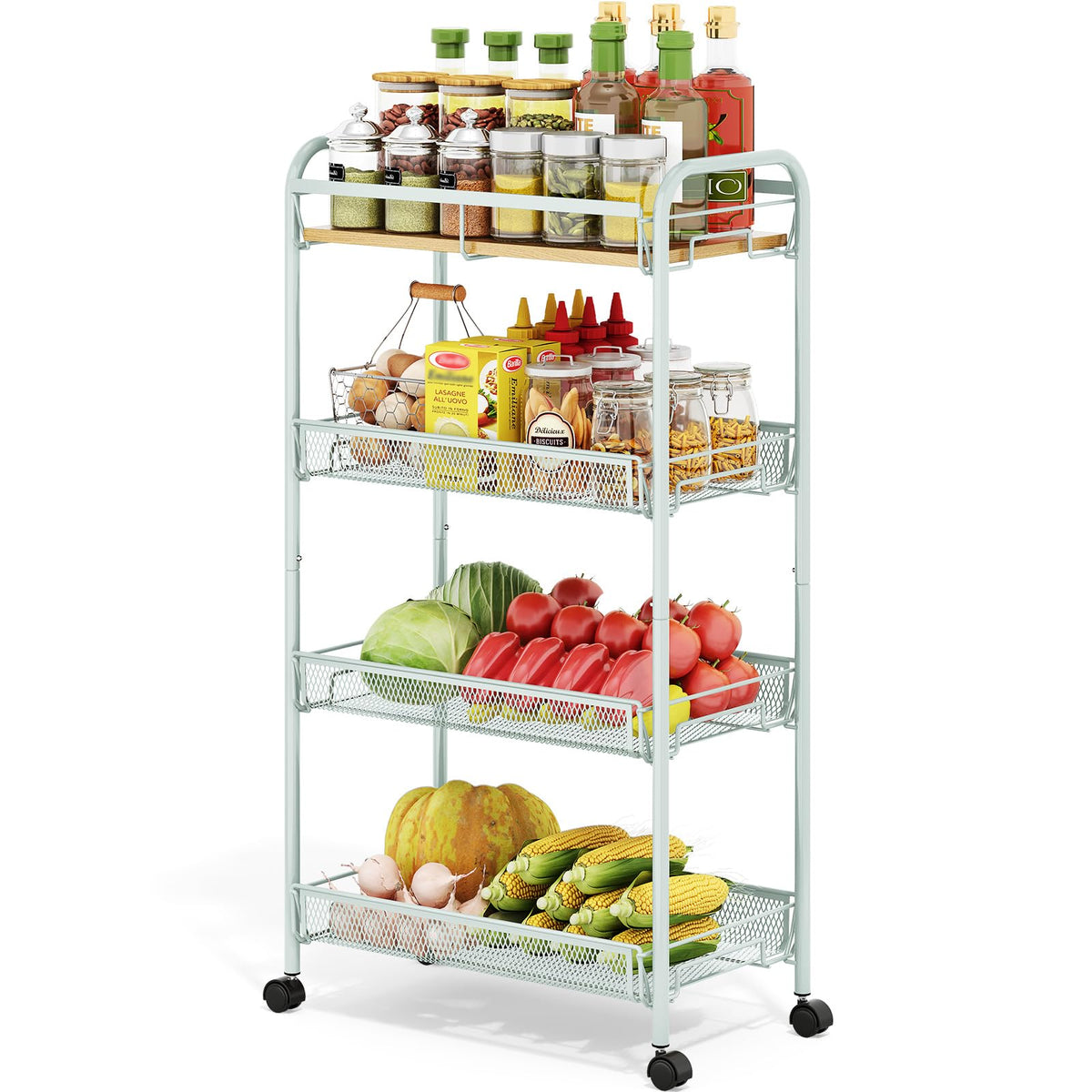 TOOLF 4-Tier Rolling Cart, Metal Utility Cart, Slide Out Storage Cart with Wooden Tabletop and Mesh Baskets, Easy Assemble Trolley for Kitchen Bathroom Laundry Room Bedroom Apartments Dormitory
