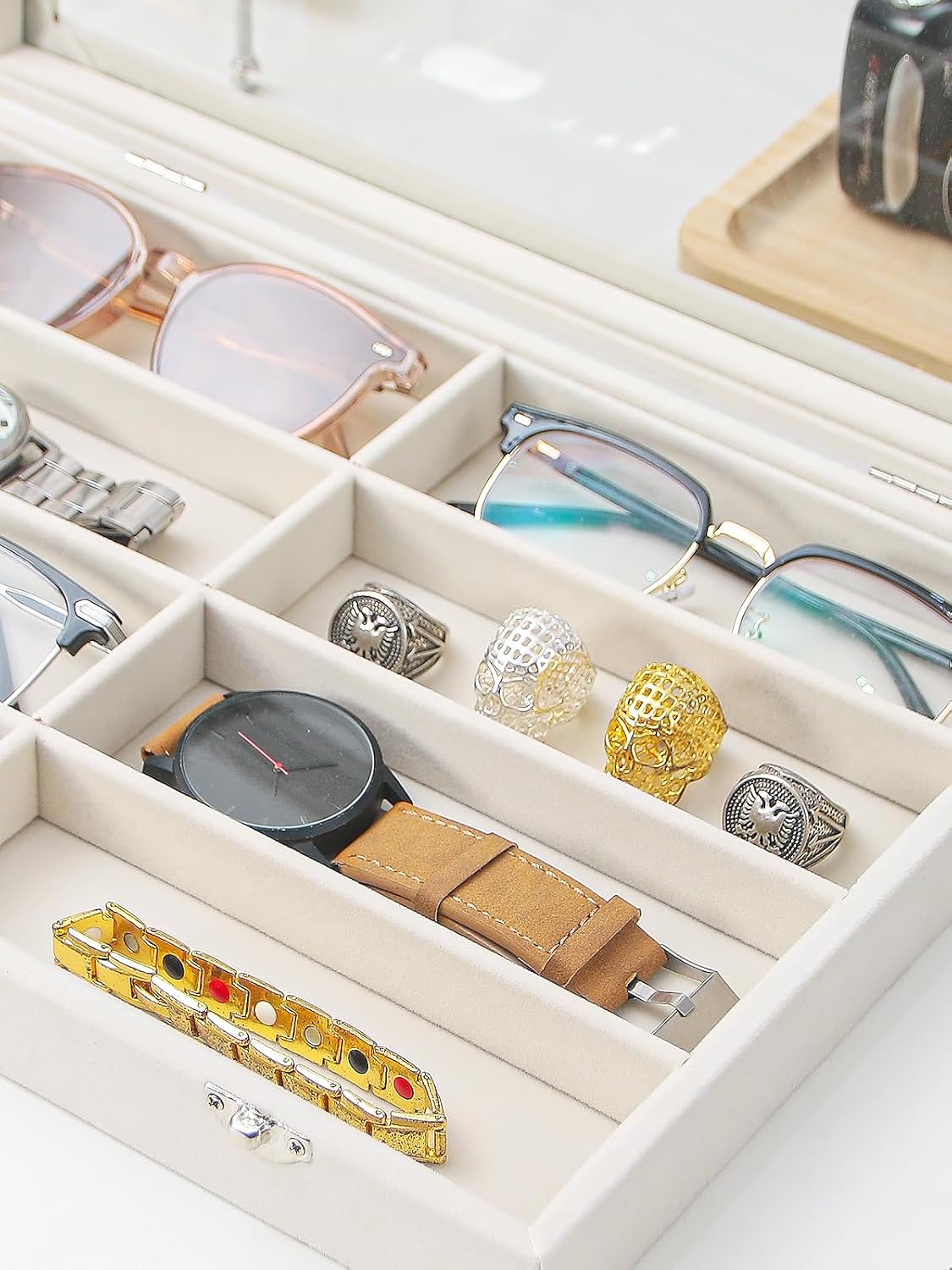 Jewelry Sunglasses Organizer Tray, Beige Velvet Eyeglasses Display Tray Box, Glasses Organize Storage Holder for Home Desk or Selling Show Display (with Lid)