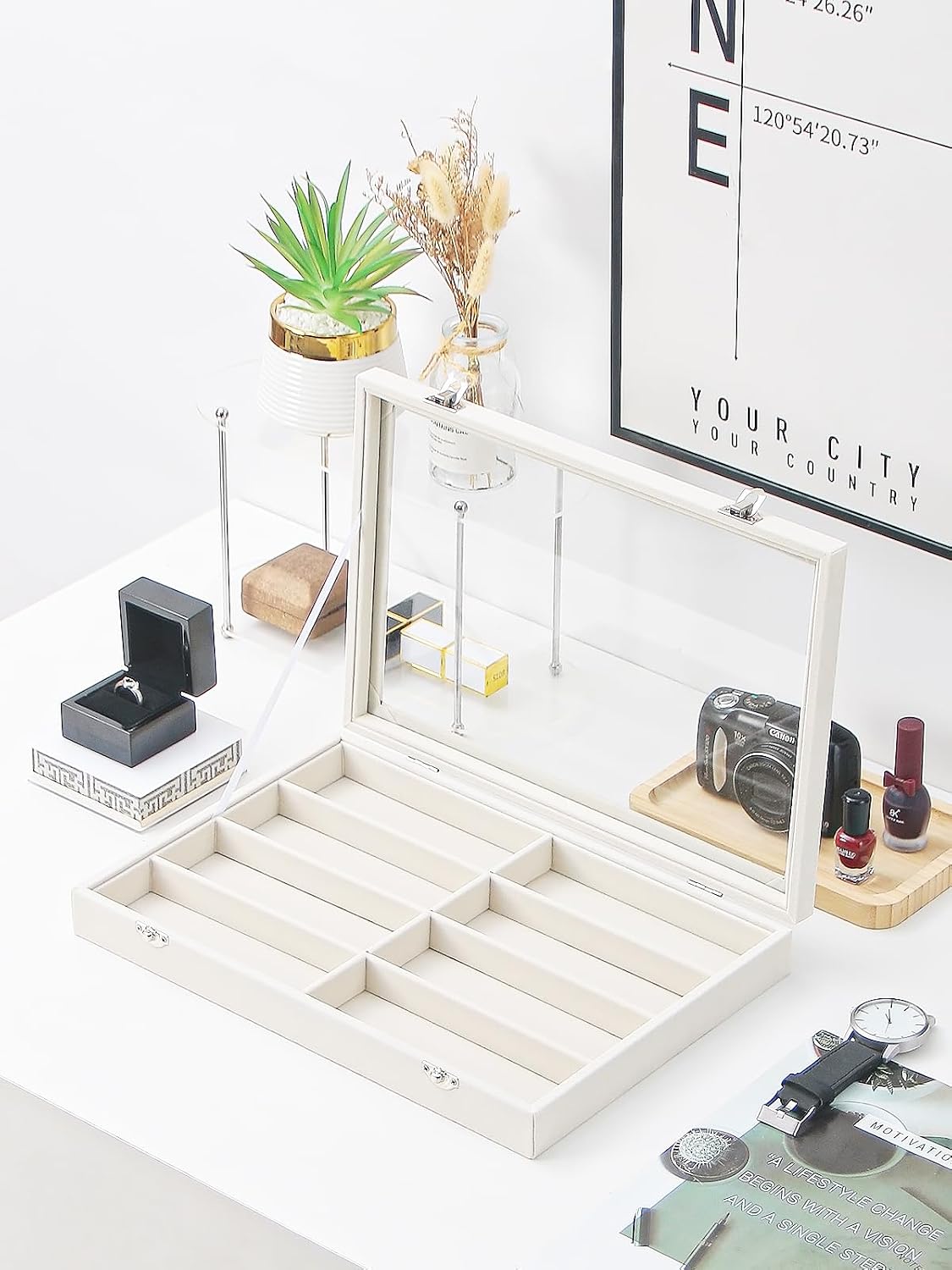 Jewelry Sunglasses Organizer Tray, Beige Velvet Eyeglasses Display Tray Box, Glasses Organize Storage Holder for Home Desk or Selling Show Display (with Lid)