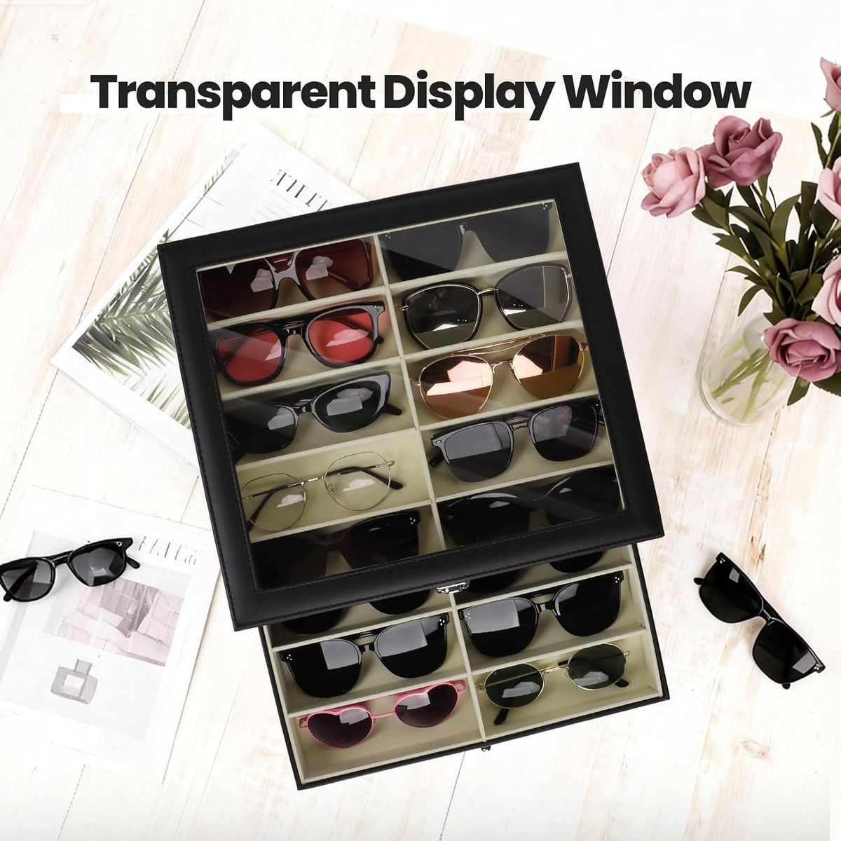 Sunglasses Organizer 20 Slots, Multiple Pairs Glasses Storage Case Leather Eyeglasses Display Box for Women Men