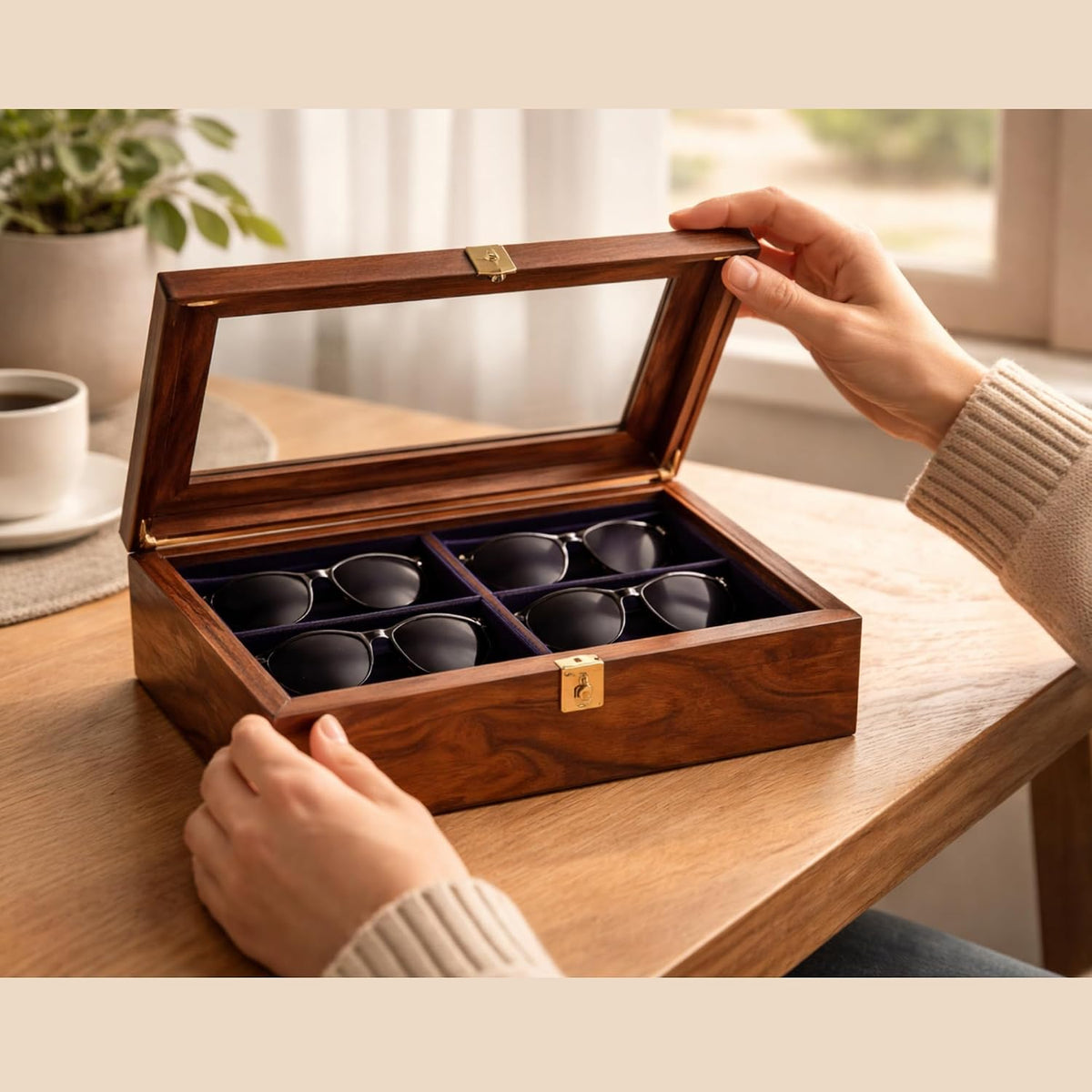 Handmade Wooden Sunglasses Organizer Box with Glass Lid – Luxury Eyewear Storage Case for Men –6 Slot Glasses Display Holder, Watch & Eyeglass Collector Box, Gift for Him (2)
