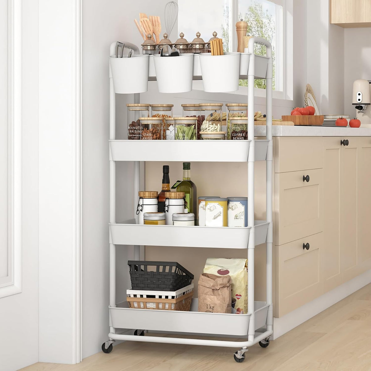 JIUYOTREE 4-Tier Plastic Rolling Storage Cart Utility Cart White