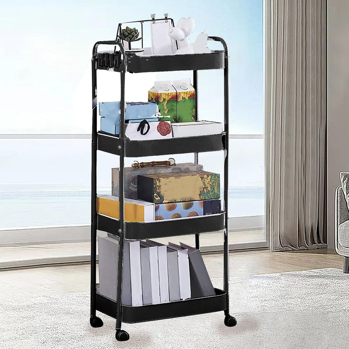 3 Tier Utility Rolling Cart, Movable Storage Organizer Trolley with Caster Wheels, Carbon Steel Multifunctional Shelving Cart for Kitchen Bathroom Bedroom (4 Layers)