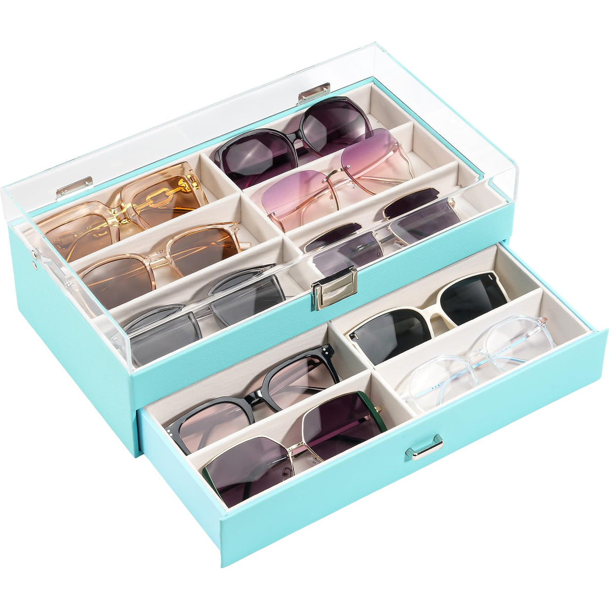 ProCase 12 Slots Acrylic Clear Top Sunglass Organizer, 2 Layers Eyeglasses Case Multi Pairs Storage Eyewear Display Holder with Transparent Lid and Drawer -Champagne