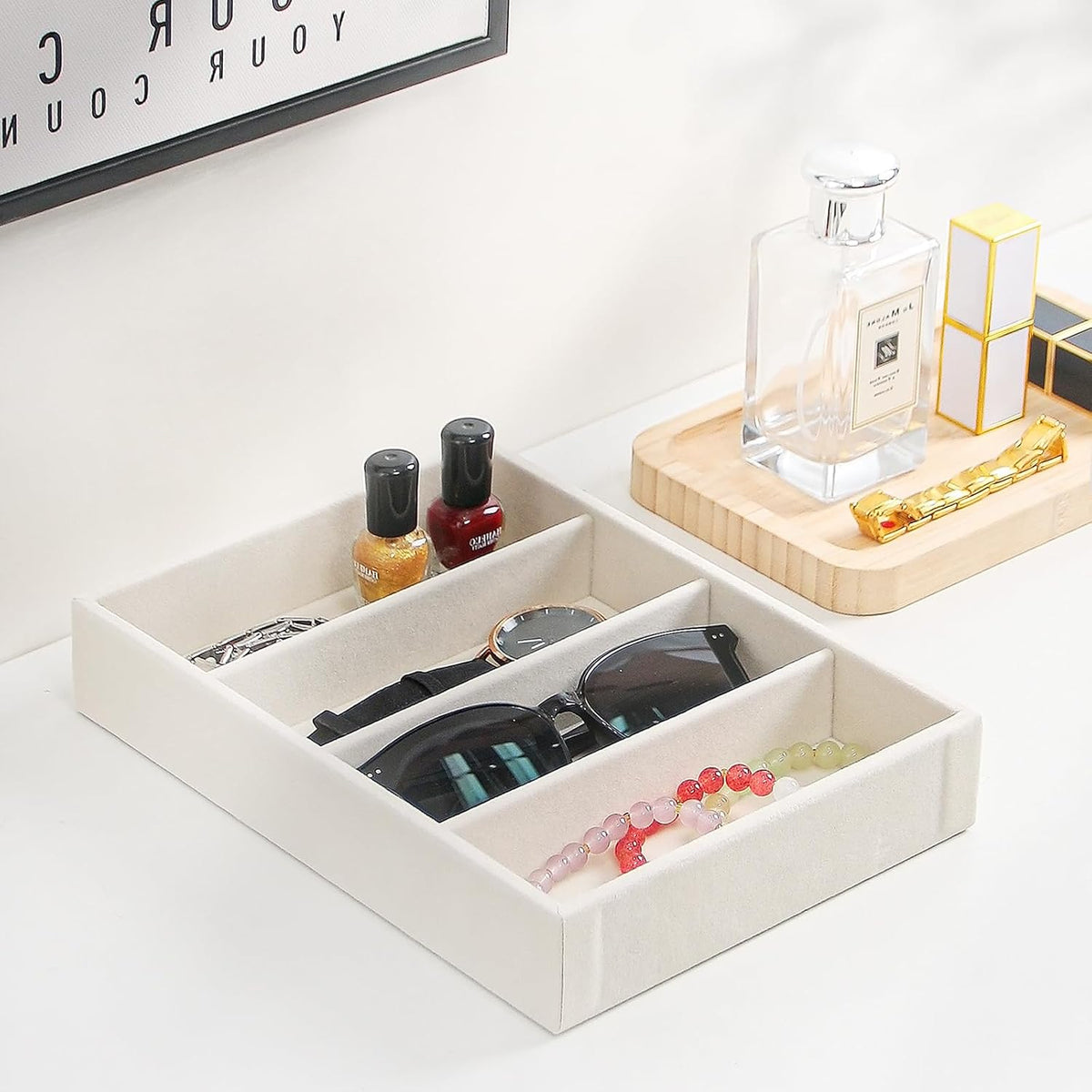 Byken 2 Pcs Sunglasses Organizer,4 Grid Eyeglass Jewelry Storage Tray for Drawer,Beige White