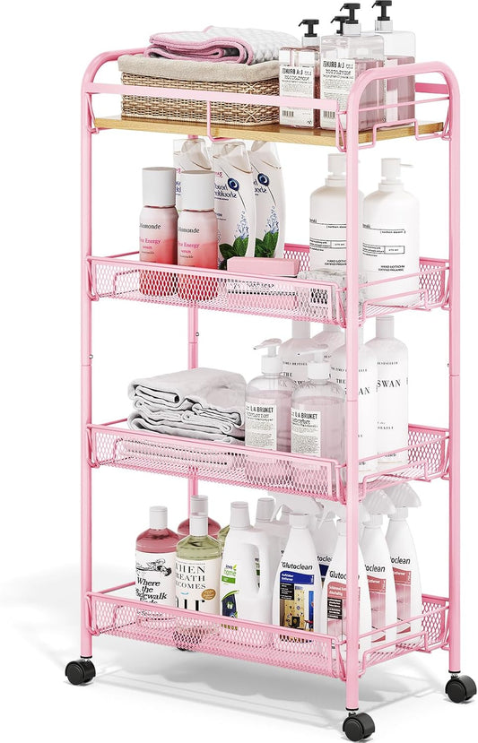 TOOLF 4-Tier Rolling Cart, Metal Utility Cart, Slide Out Storage Cart with Wooden Tabletop and Mesh Baskets, Easy Assemble Trolley for Kitchen Bathroom Laundry Room Bedroom Apartments Dormitory