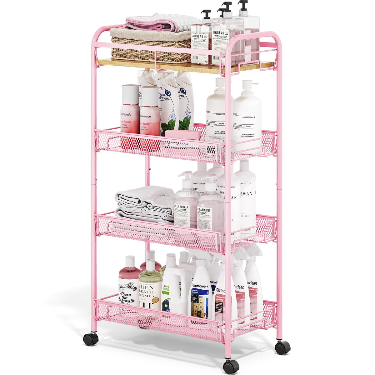 TOOLF 4-Tier Rolling Cart, Metal Utility Cart, Slide Out Storage Cart with Wooden Tabletop and Mesh Baskets, Easy Assemble Trolley for Kitchen Bathroom Laundry Room Bedroom Apartments Dormitory