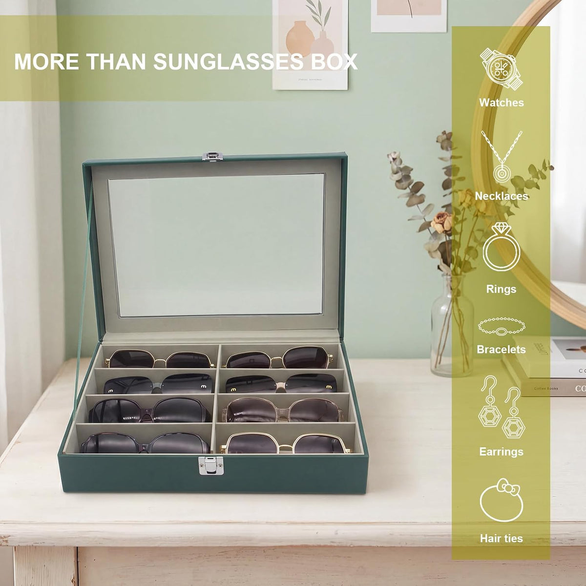8 Slots Sunglass Organizer, PU Leather Eyewear Display Tray