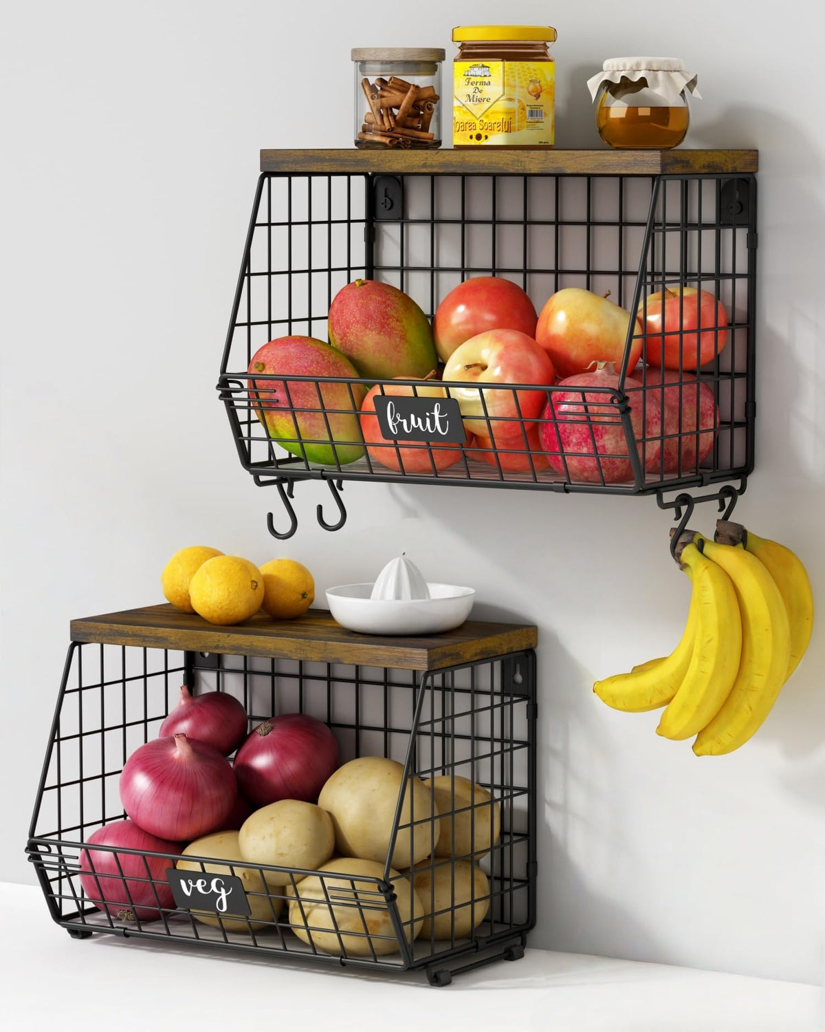 Goozii White Fruit Storage Basket for Kitchen Counter Set of 2, Wall Mount Wire Fruit Basket with Shelf with Banana Hanger, Hanging Countertop Organizer for Bathroom Pantry Cabinet, White + Natural