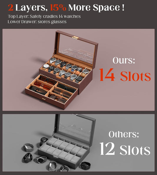 Watch Case Box for Men – 14 Slots Watch Display Organizer with 6-Compartment Eyeglasses Storage, Real Glass Lid 2-Layer PU Leather Collection Holder Gift for Loved Ones Brown