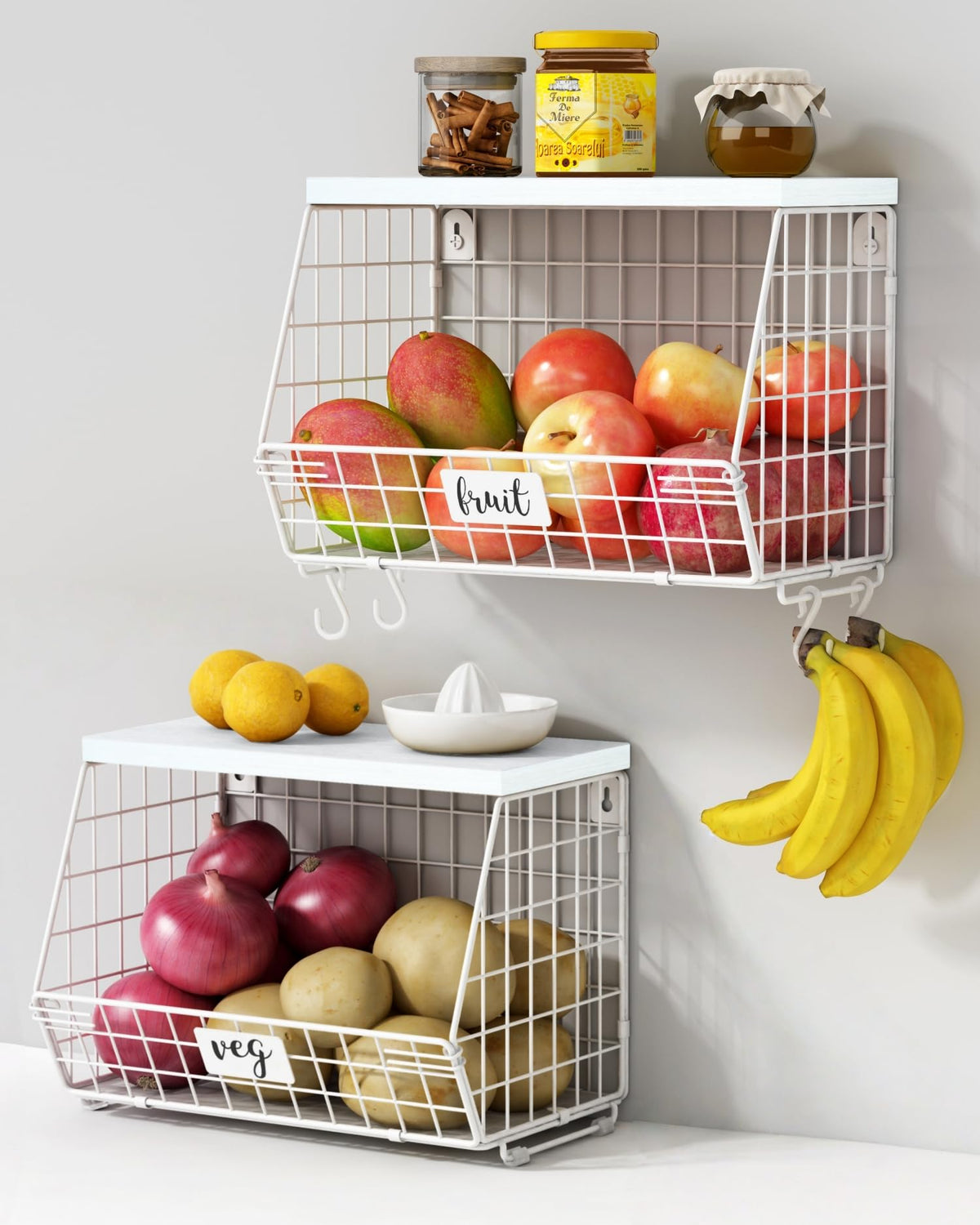 Goozii White Fruit Storage Basket for Kitchen Counter Set of 2, Wall Mount Wire Fruit Basket with Shelf with Banana Hanger, Hanging Countertop Organizer for Bathroom Pantry Cabinet, White + Natural