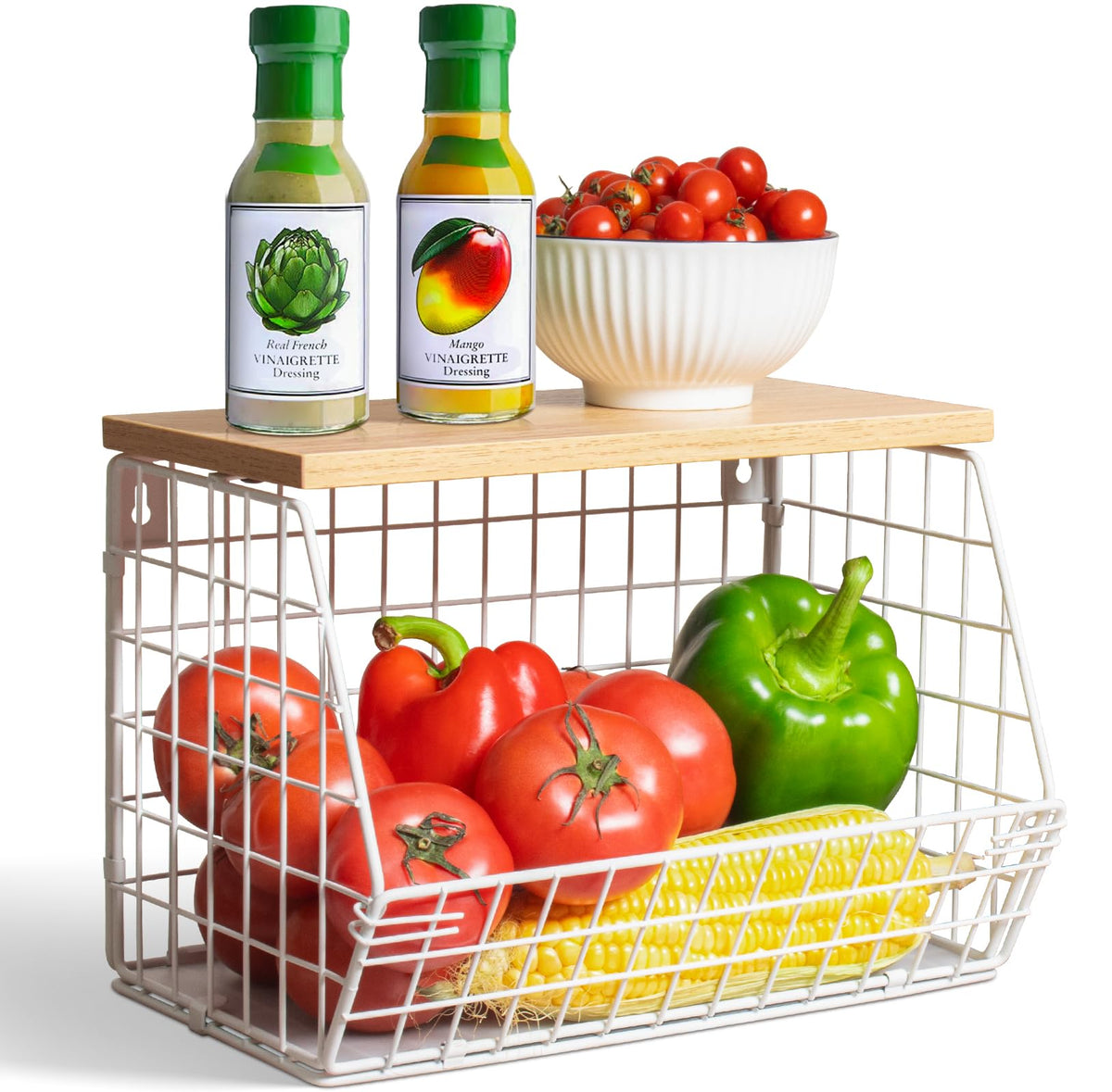Wawocs Fruit Basket for Kitchen Counter 2 Tier Fruit Bowl, Stackable Wall Mounted Hanging Fruit Basket Wire Baskets with Wood Lid with 4 Banana Hanger Hooks, Onion Basket, Fruit and Vegetable Storage