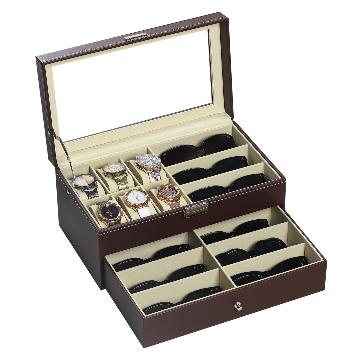 AUTOARK Leather 6 Watch Box & 9 Eyeglasses Storage Case,White,AW-131