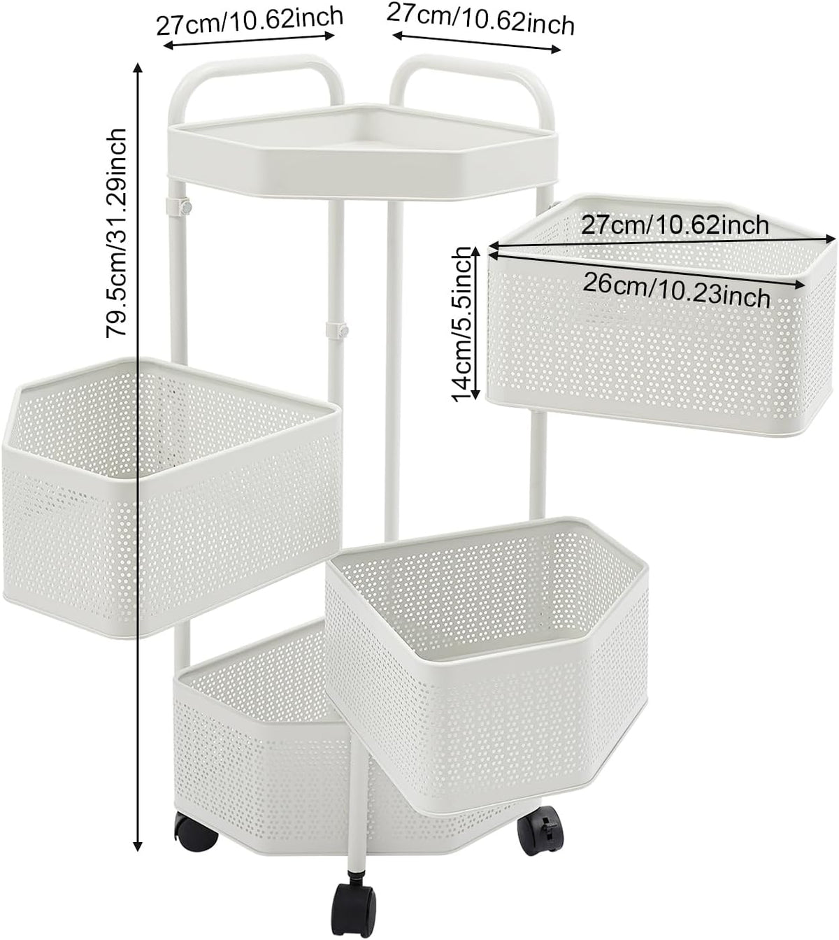 4 Tier Rotating Storage Rack with Removable Basket and Wheels,Kitchen Cart for Fruit Vegetable,White