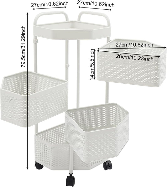 4 Tier Rotating Storage Rack with Removable Basket and Wheels,Kitchen Cart for Fruit Vegetable,White