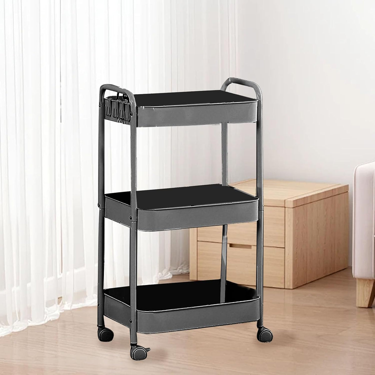 Multifunctional Storage Trolley with Casting Wheels for Home Use in Carbon Steel (#3)