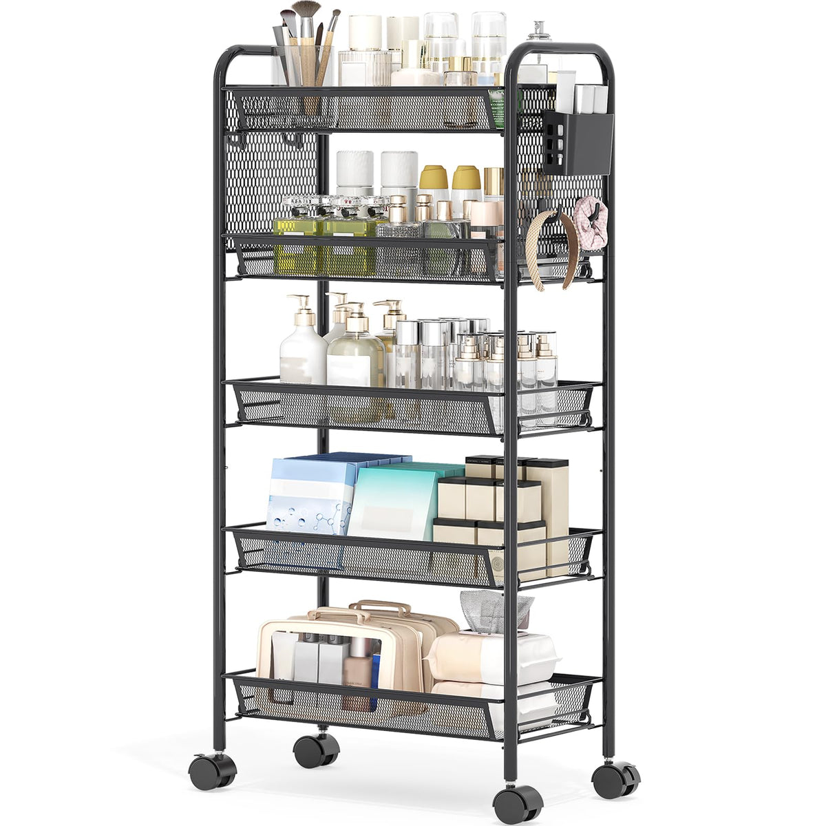 KINGRACK 4 Tier Rolling Cart, Metal Utility Storage Cart with Pegboard