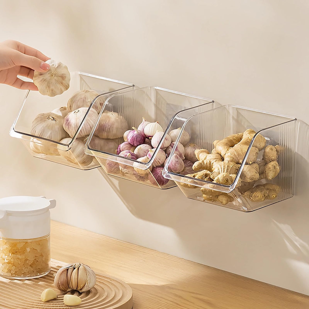 3-Pack Small Clear Acrylic Wall Mounted Storage Baskets, Adhesive Wall Mounted Storage Bins for Cabinet, Kitchen, Pantry, Bathroom