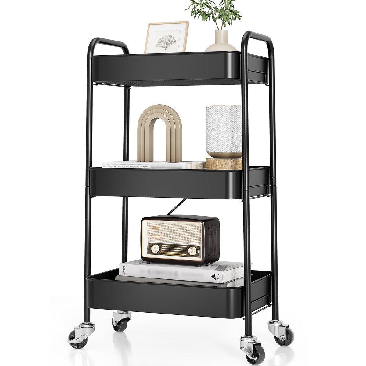 TOOLF 4 Tier Metal Rolling Cart, Utility Storage Cart with Wheels, Black