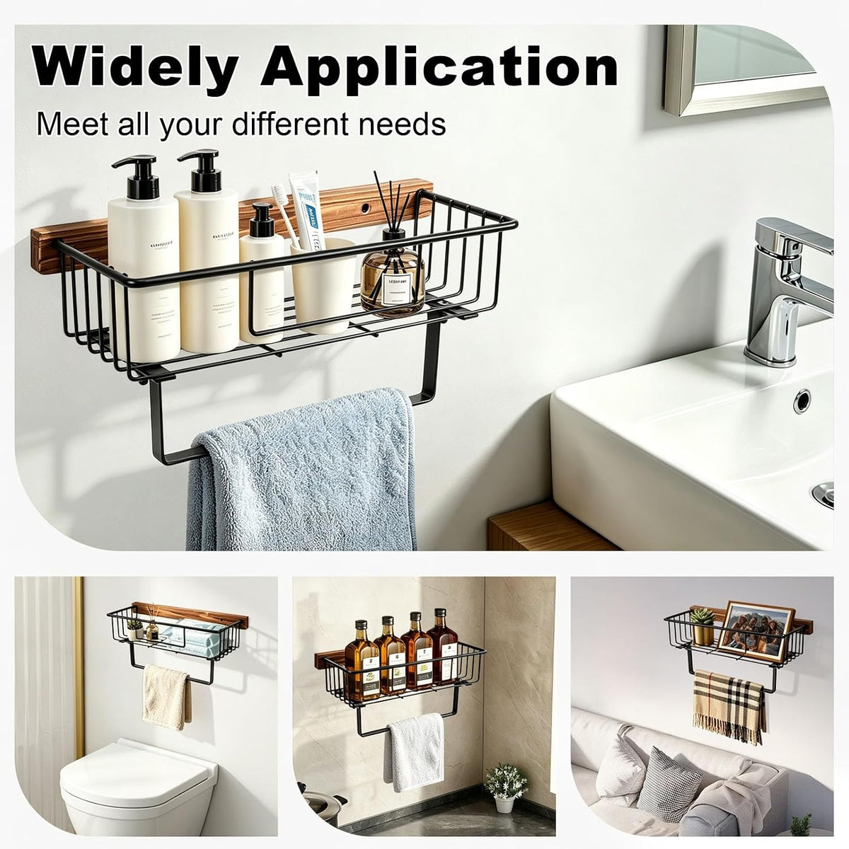 Livabber Hand Towel Holder with Wooden Storage Basket, 9 Inch Rustic Metal Towel Ring/Hand Towel Bar with Shelf, Wall Mounted Farmhouse Bathroom Organizer for Small Decor, Plant (Black)