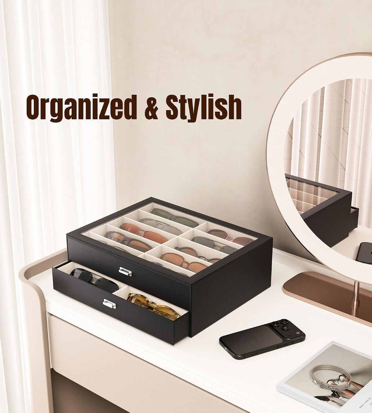 NEWLOOP 20 Slots Sunglass Organizer Drawer Display Case for Multiple Pairs of Eyeglass Storage Box for Women Men