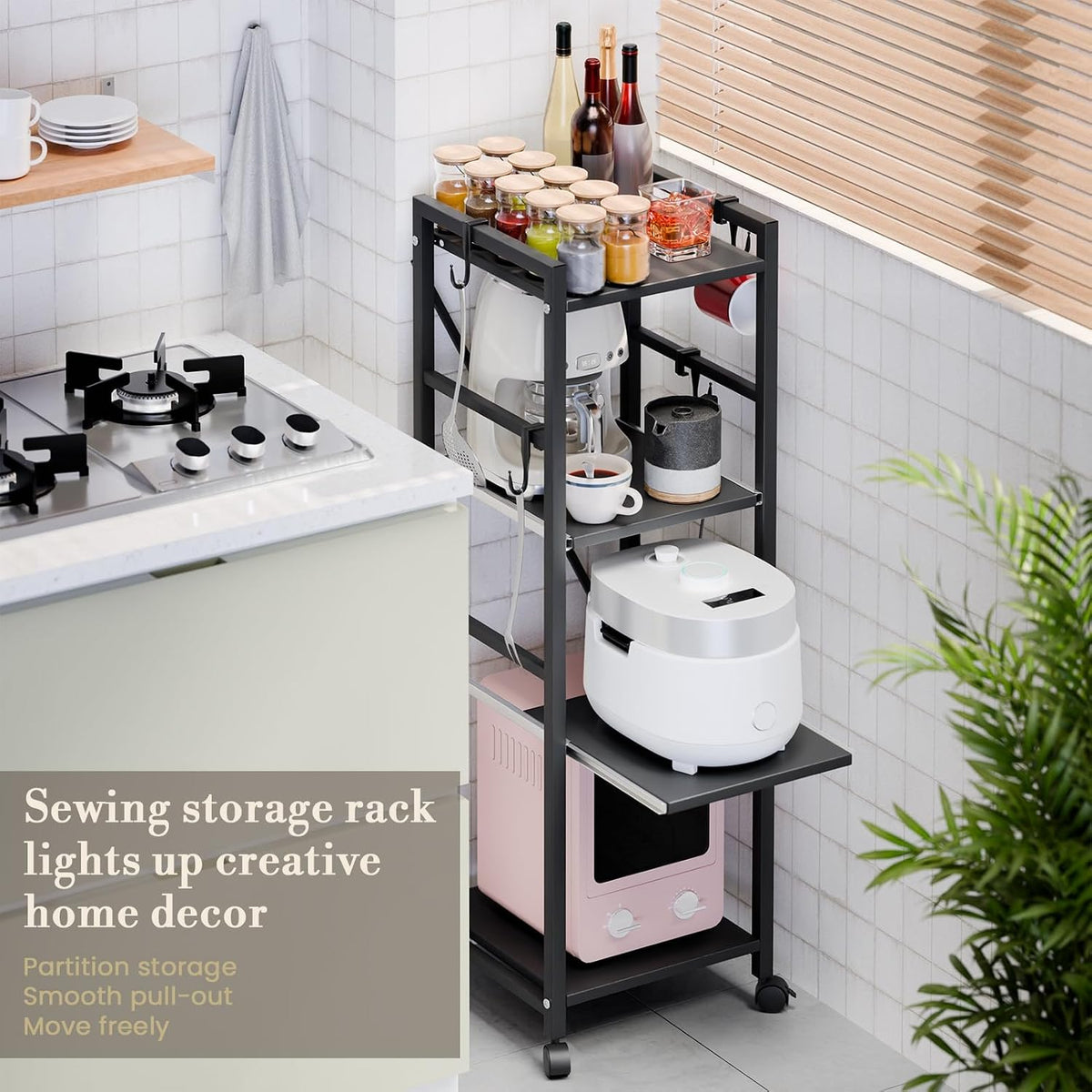 HEVIRGO 4 Tier Kitchen Storage Shelf Trolley with Wheels, Multipurpose Strong Load-Capacity Adjustable Free-Standing Storage Rack, Easy Assembly Storages Shelf Trolley Black Triple Layer