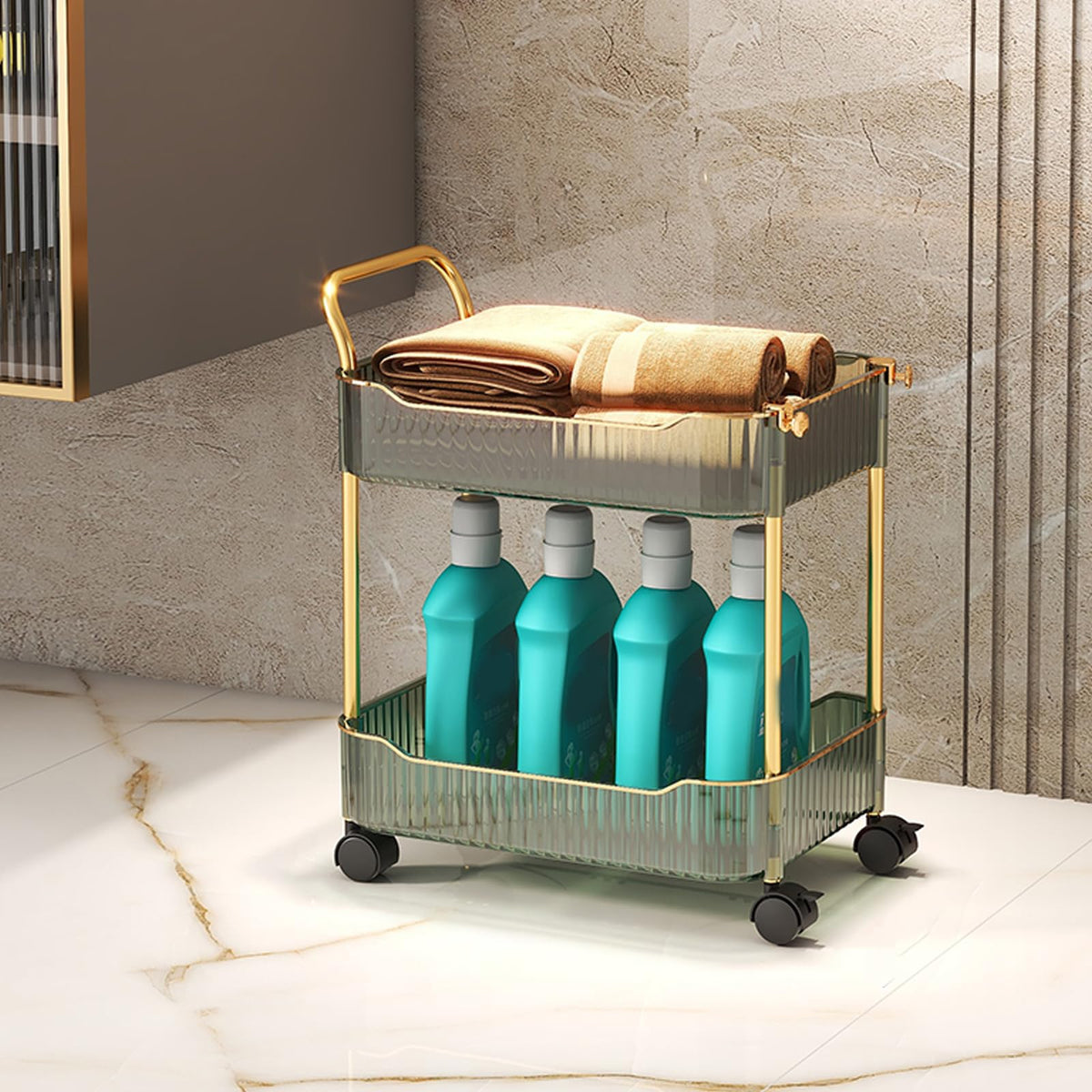 Acrylic Storage Trolley, Bathroom Kitchen Rolling Utility Cart Mobile Organization Shelves with Handle and Lockable Wheel(Gold,2 Tier)