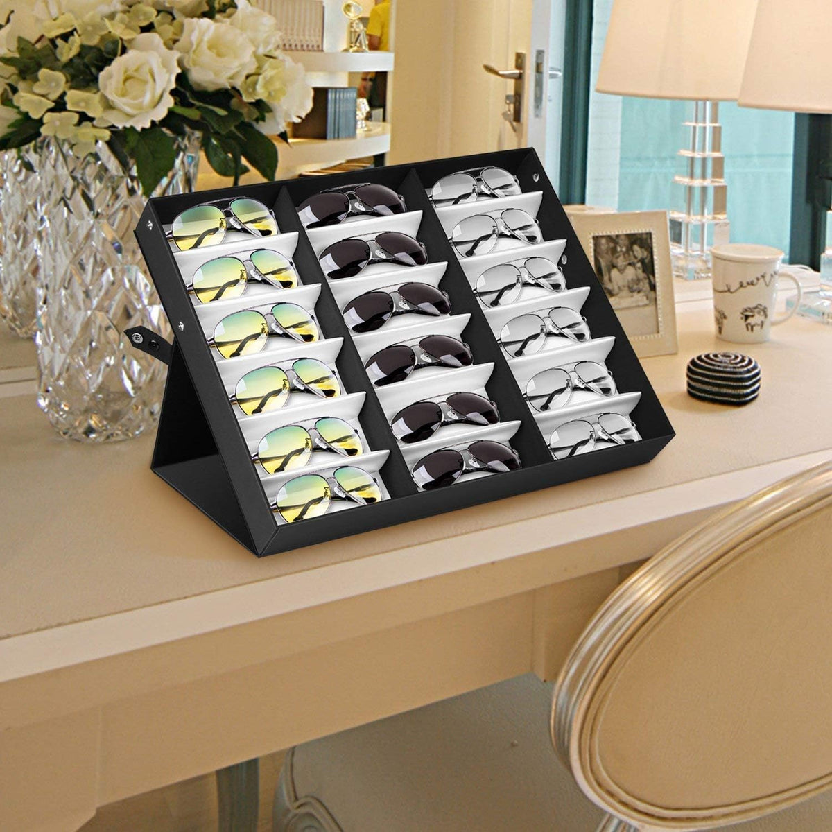 18 Slot Sunglasses Organizer Storage Multiple Eyeglasses Holder Display Case/Tray, Polyester Silk Lined & Snap Closure