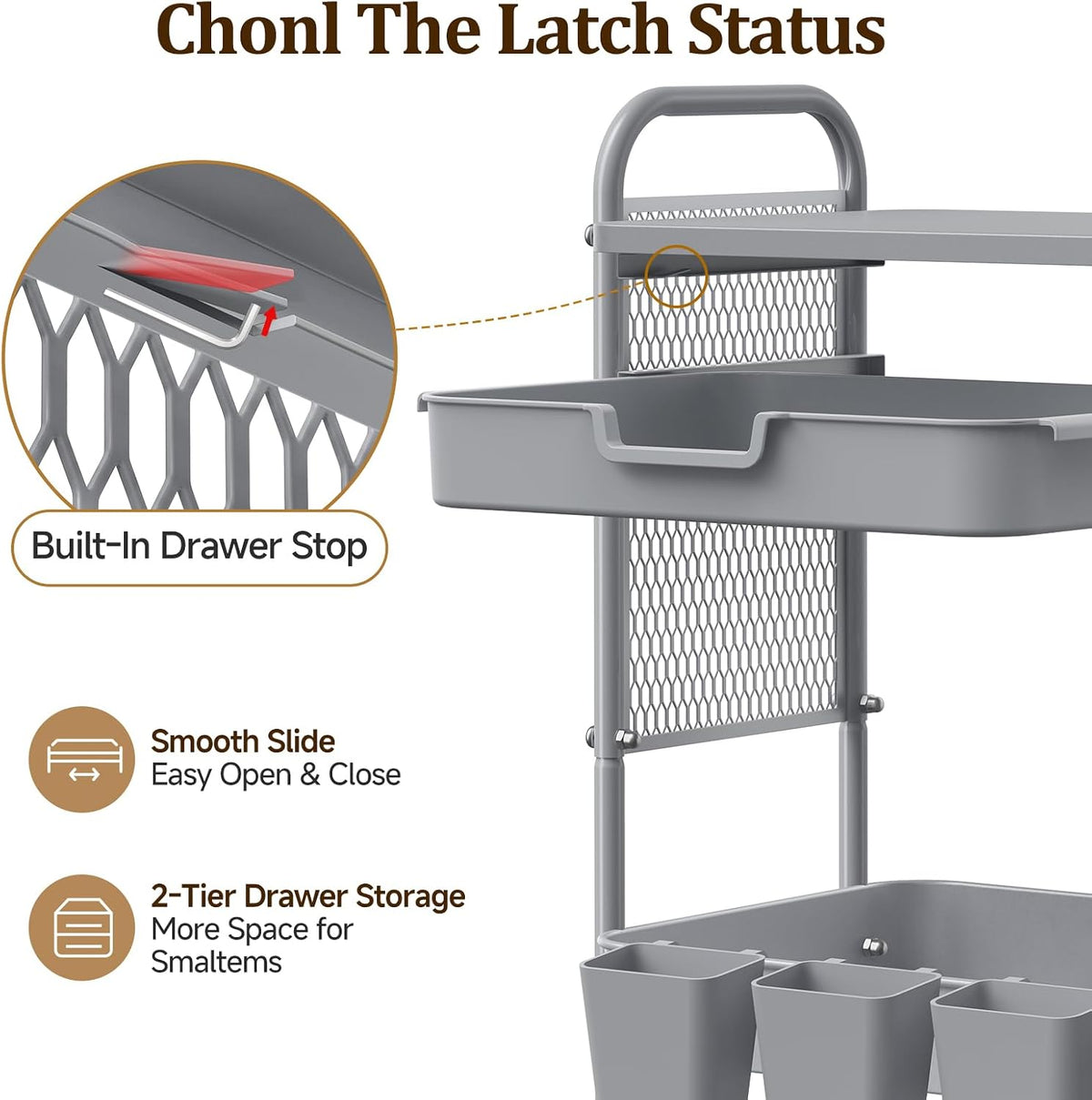 3 Tier Rolling Cart with 2 Drawers, Metal Utility Storage Carts with Wheels