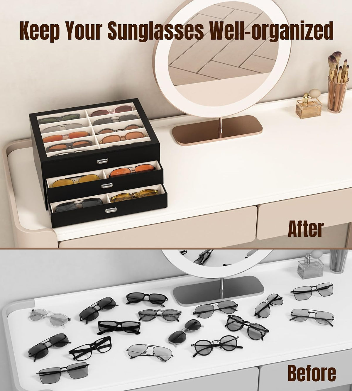 NEWLOOP Sunglass Organizer Display Case - Sunglasses Holder for Men Women Multiple Pair Eye Glasses Storage Organizer 3-Layer Jewelry Watch Eyeglass Collection Box with 30 Slots, Black