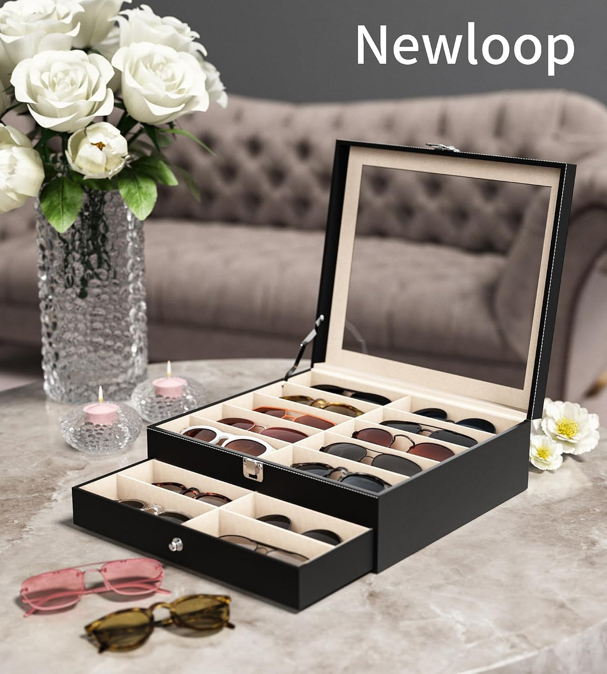 NEWLOOP 20 Slots Sunglass Organizer for Women Men Sunglasses Storage Box for Multiple Pairs of Eyeglass Holder Display Case