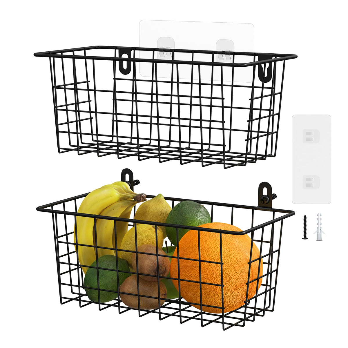 MaraFansie Hanging Kitchen Baskets Wire Storage Basket Adhesive and Screws Basket Over the Cabinet Door Organizer with Adhesive Strips and Screws Accessories, 2 Installations, 2 Pack, White