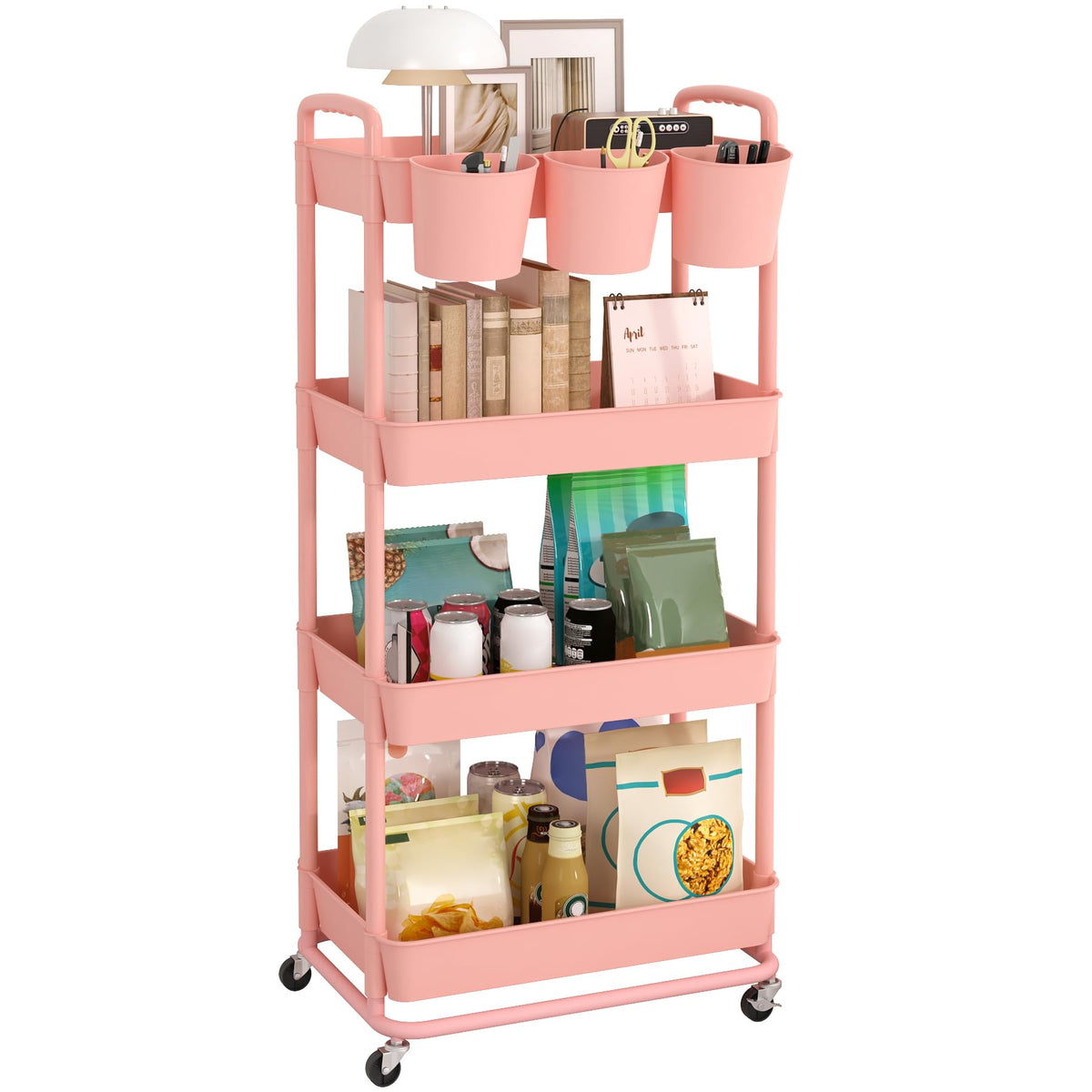JIUYOTREE 4-Tier Plastic Rolling Storage Cart Utility Cart White
