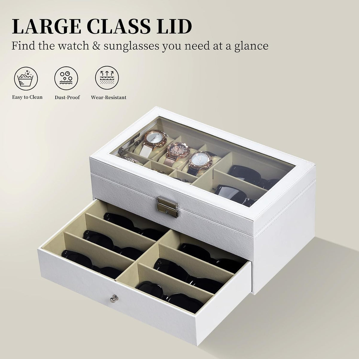 AUTOARK Leather 6 Watch Box & 9 Eyeglasses Storage Case,White,AW-131