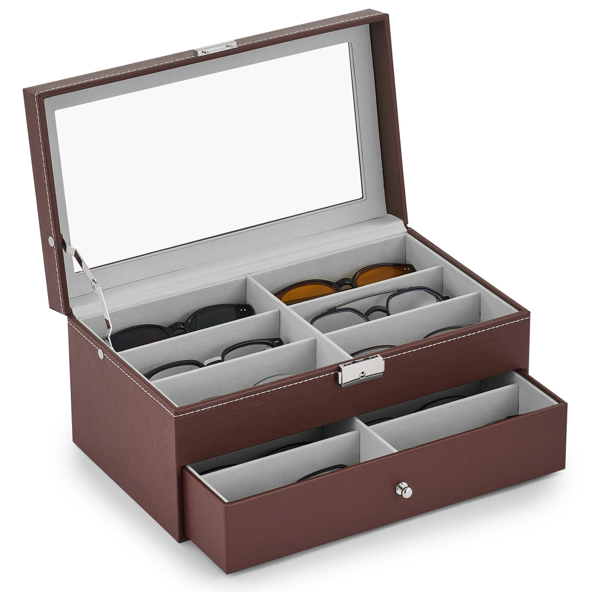 CO-Z Sunglasses Organizer with 12 Slots, Multiple Eyeglasses Eyewear Display Case for Women Men, 2 Story Leather Multi Sunglasses Jewelry Collection Holder with Drawer