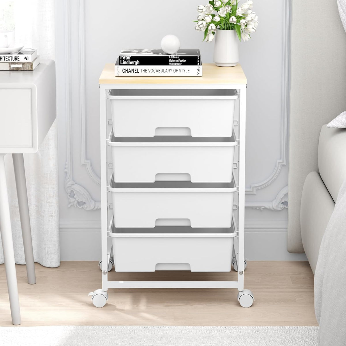 SYKIARIOL Rolling Cart with Drawers, 4-Drawer Utility Cart, Bright White